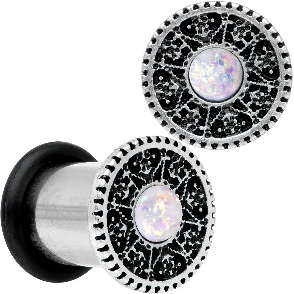 0 Gauge Stainless Steel Sky Wheel White Synthetic Opal Plug Set