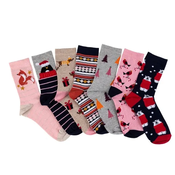 7 PACK DAYS OF WEEK Ladies Cotton Blend Socks Set Multi: