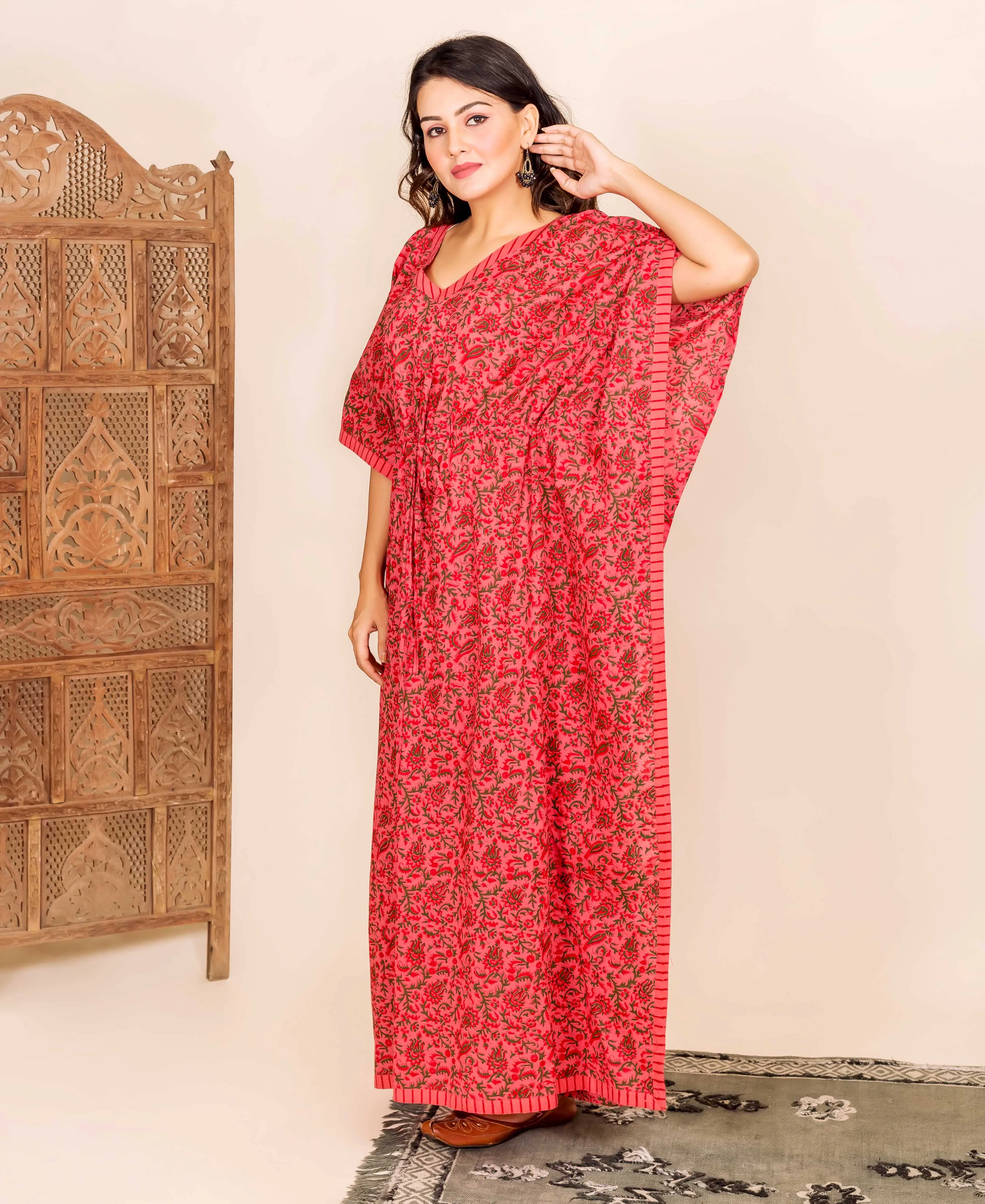 Coral Multi Color Hand Block Printed Kaftan