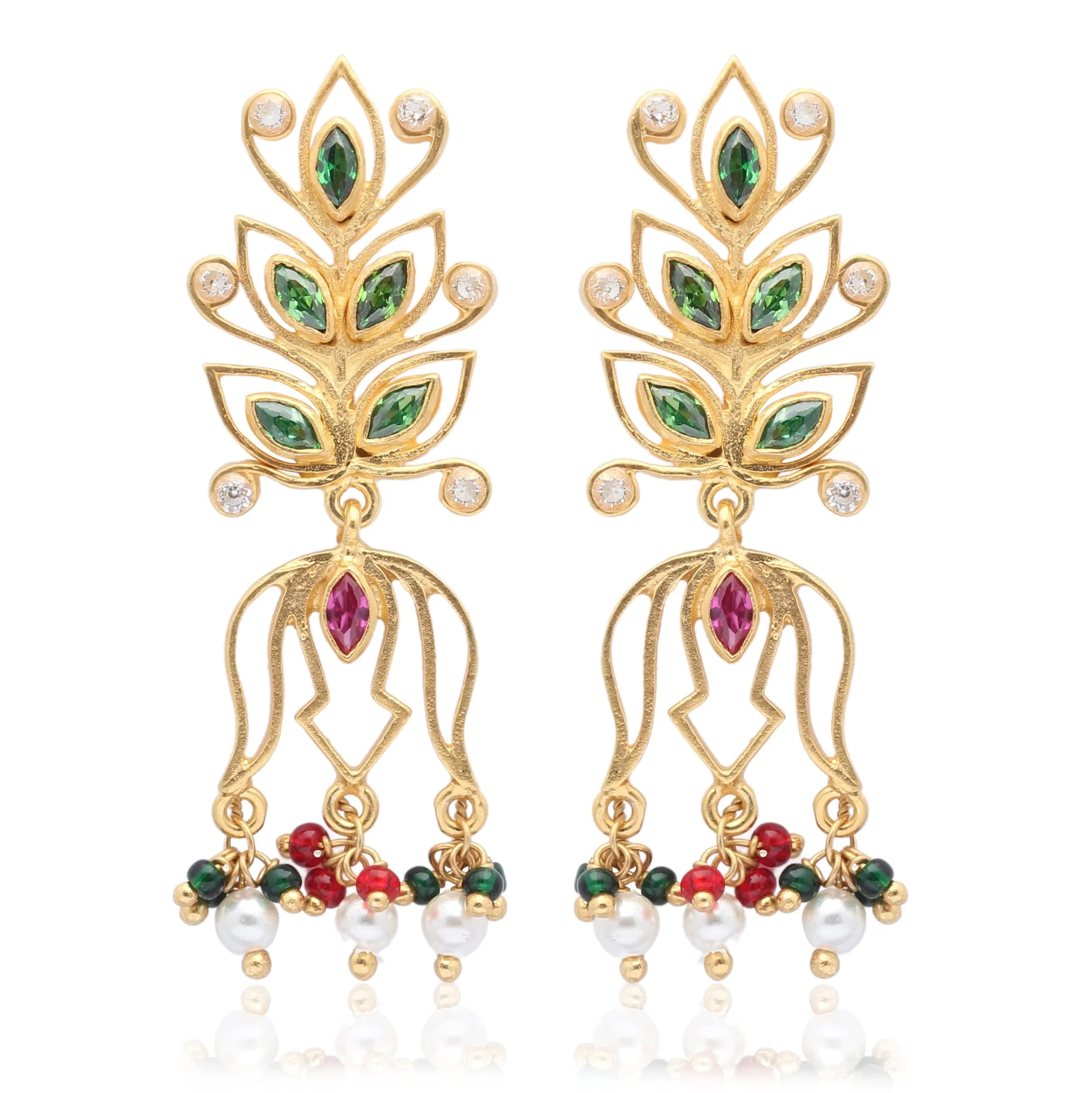 Green Pink Zircon Gold Plated Silver Earrings