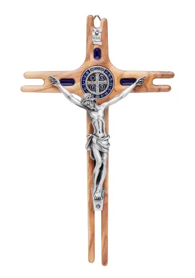 Mondo Cattolico Saint Benedict Olive Wood Crucifix with Enameled Medal