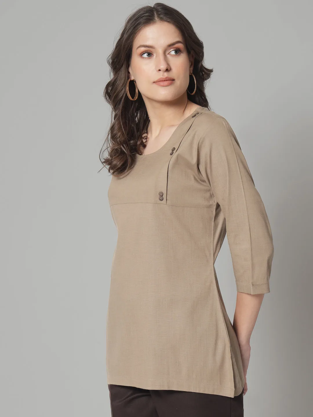 Rayon Button Detailed  Regular Fit Top- Beige