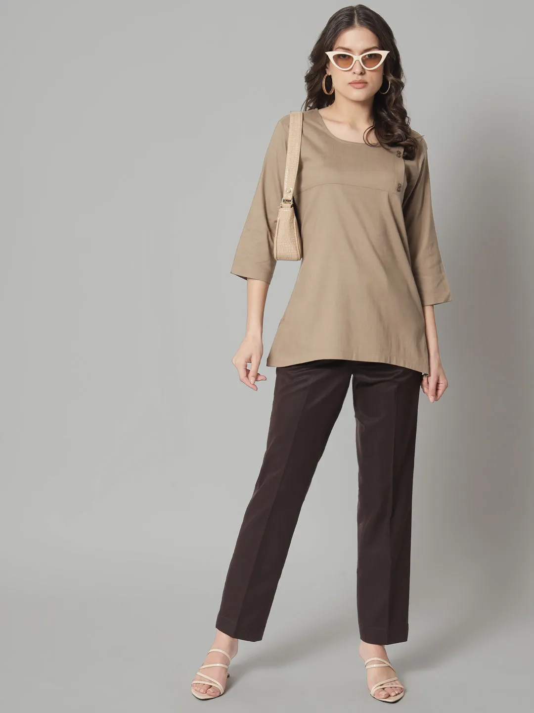 Rayon Button Detailed  Regular Fit Top- Beige