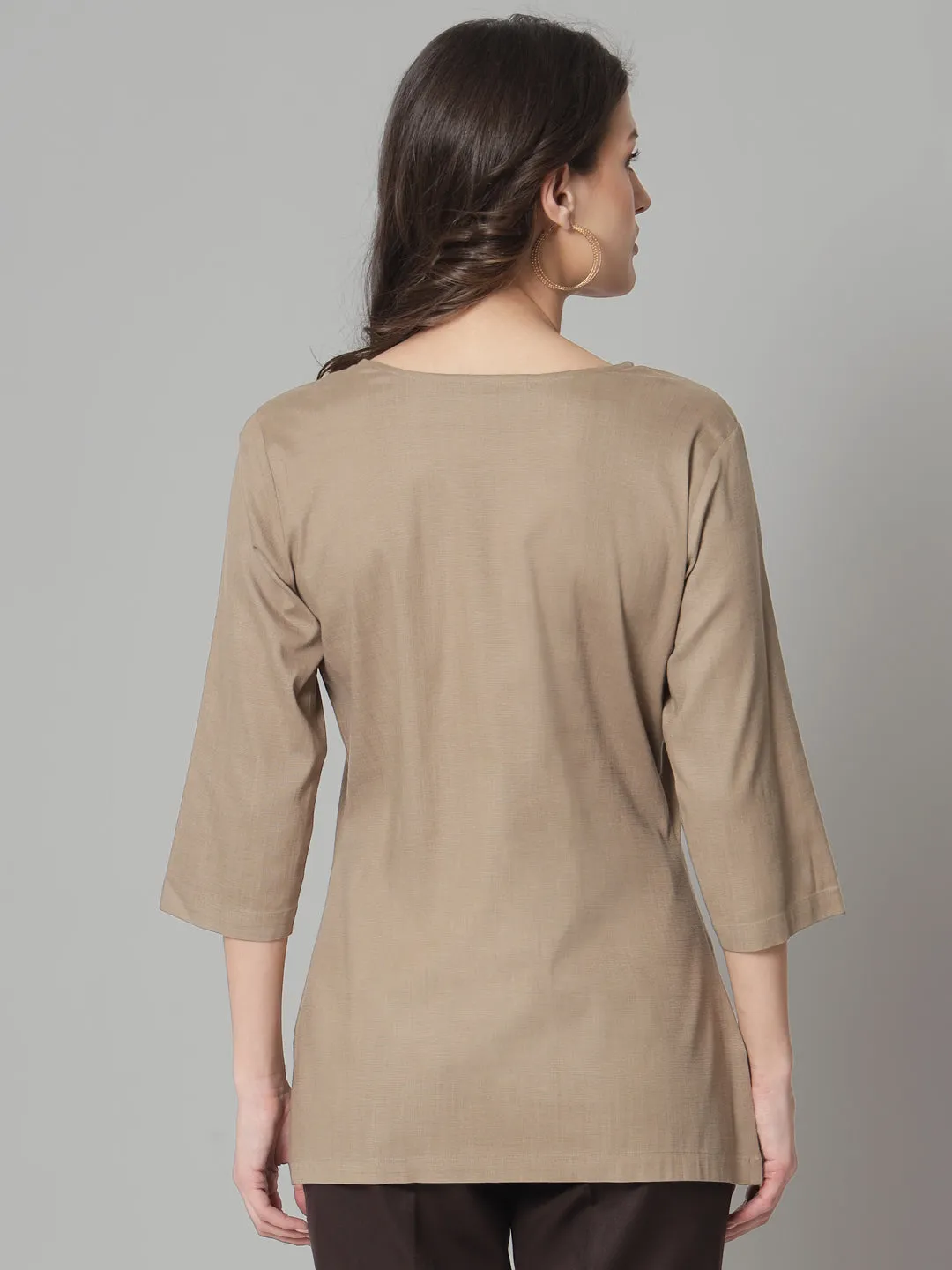 Rayon Button Detailed  Regular Fit Top- Beige